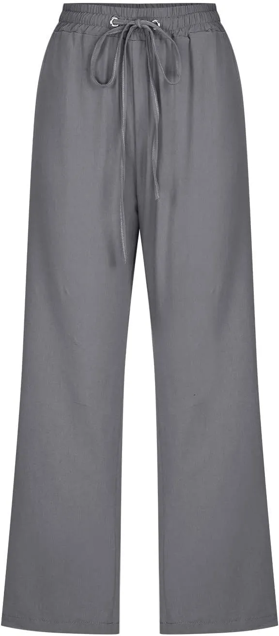 BZGTZT Linen Pants for Women Wide Leg Capris Summer Casual Loose Elastic Drawstring High Waist Cropped Trousers with Pocket