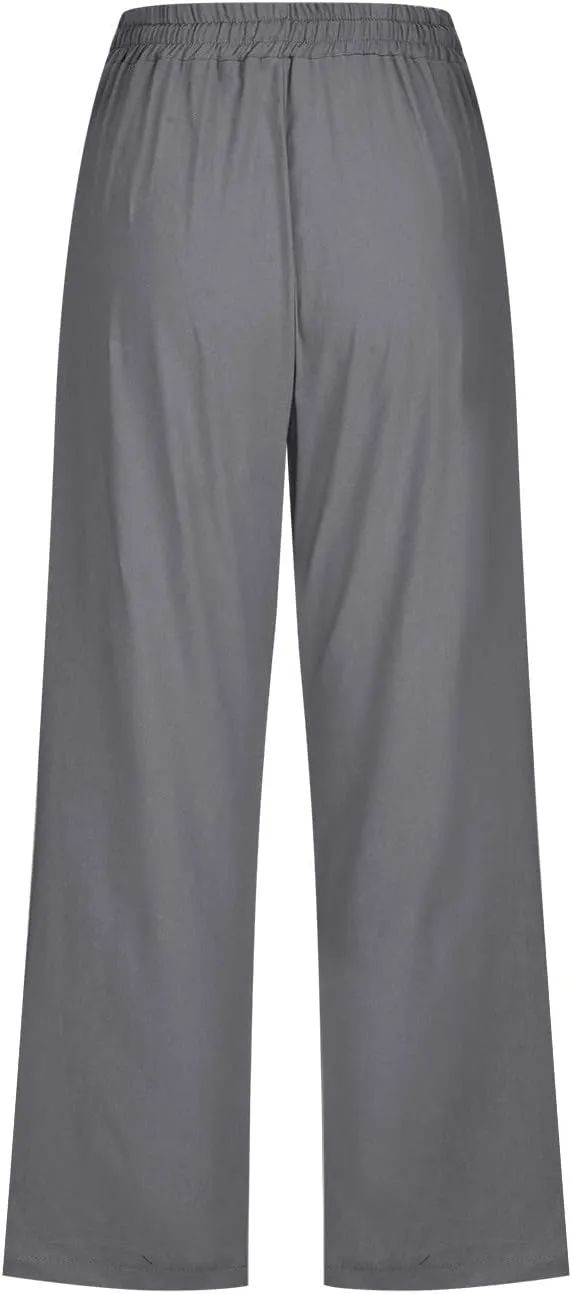 BZGTZT Linen Pants for Women Wide Leg Capris Summer Casual Loose Elastic Drawstring High Waist Cropped Trousers with Pocket