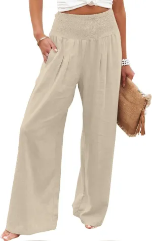 BZGTZT Women Linen Wide Leg Palazzo Pants Summer Smocked Elastic High Waist Trousers Casual Loose Business Pants with Pocket