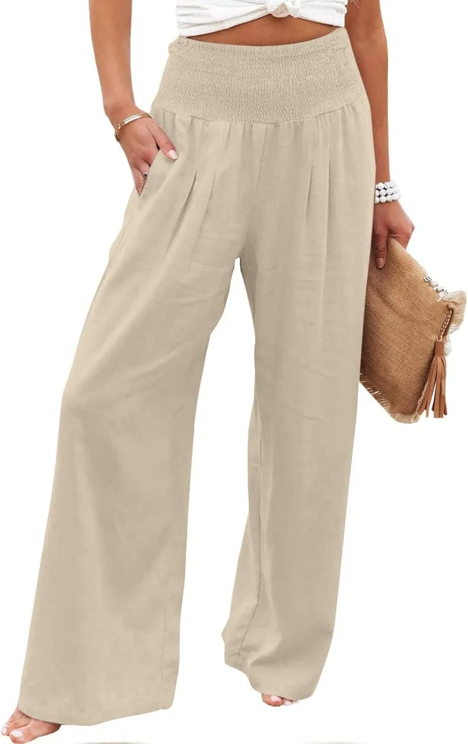 BZGTZT Women Linen Wide Leg Palazzo Pants Summer Smocked Elastic High Waist Trousers Casual Loose Business Pants with Pocket