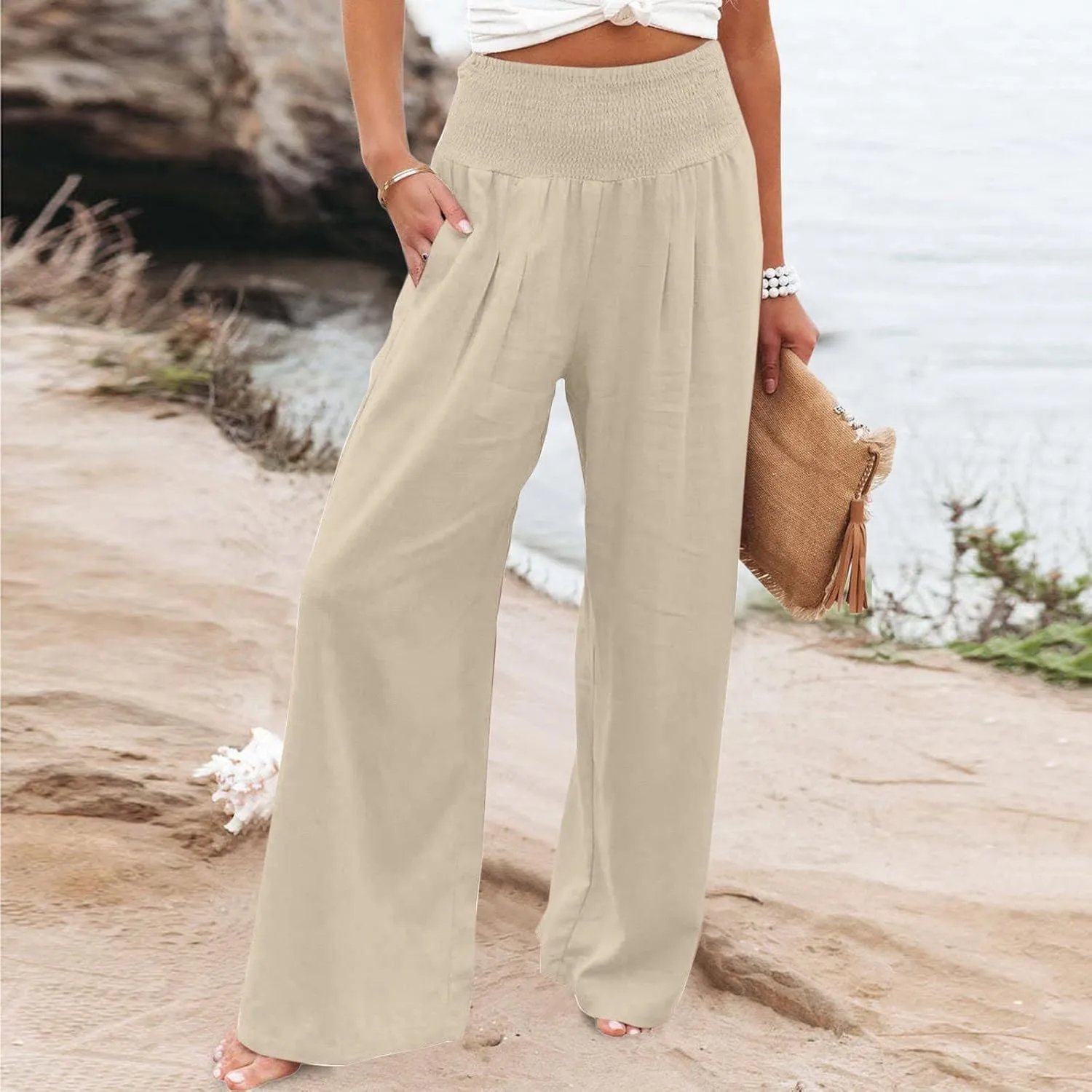 BZGTZT Women Linen Wide Leg Palazzo Pants Summer Smocked Elastic High Waist Trousers Casual Loose Business Pants with Pocket