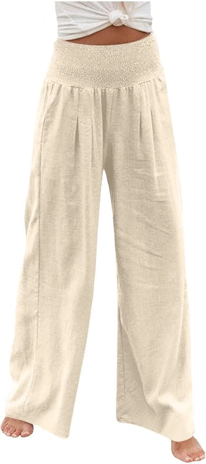 BZGTZT Women Linen Wide Leg Palazzo Pants Summer Smocked Elastic High Waist Trousers Casual Loose Business Pants with Pocket