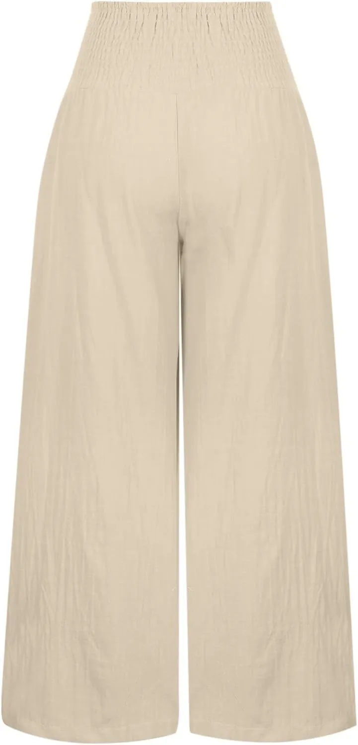 BZGTZT Women Linen Wide Leg Palazzo Pants Summer Smocked Elastic High Waist Trousers Casual Loose Business Pants with Pocket