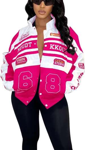 CALEBGAR Women Varsity Jacket Motorcycle Detachable Letter Graphic Racer Vintage Colorblock Baseball Coats Streetwear