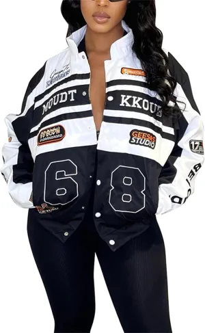 CALEBGAR Women Varsity Jacket Motorcycle Detachable Letter Graphic Racer Vintage Colorblock Baseball Coats Streetwear