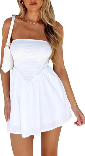 Cantonwalker White Strapless Mini Dress Elasticated Waistband Twist Flowy Mini Dress for Summer 0299