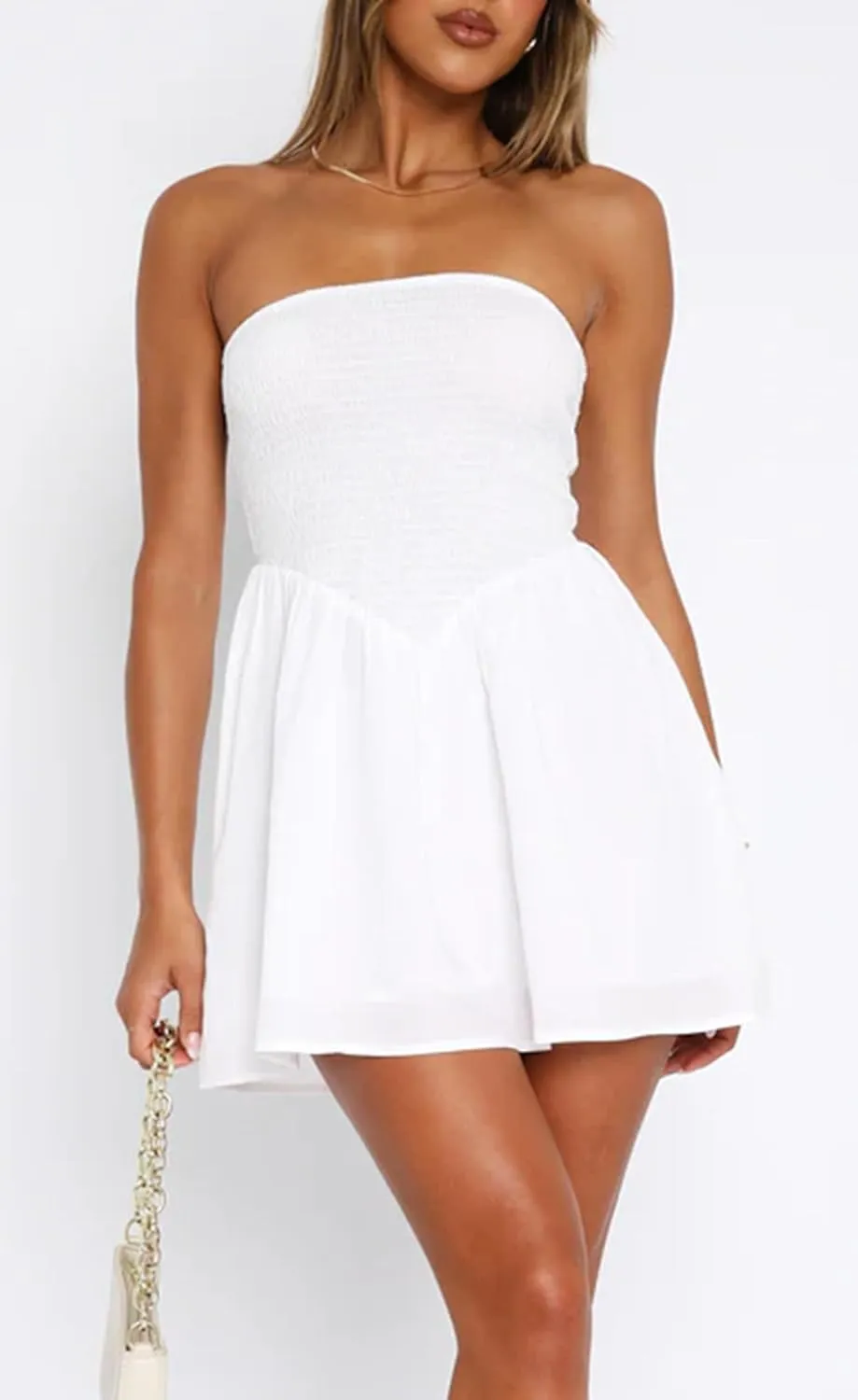 Cantonwalker White Strapless Mini Dress Elasticated Waistband Twist Flowy Mini Dress for Summer 0299