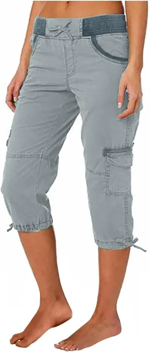 Capri Cargo Pants for Women 2024 Elastic High Waist Drawstring 3/4 Hiking Pants with Multi Pockets Casual Slim Fit Work Pants