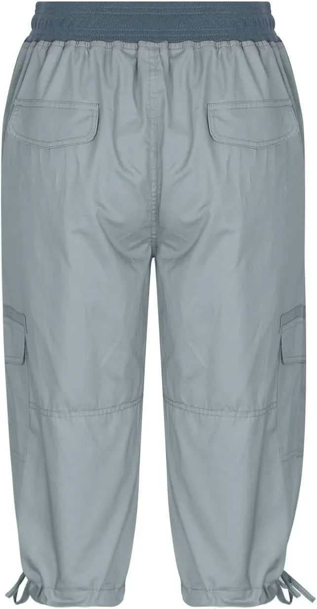 Capri Cargo Pants for Women 2024 Elastic High Waist Drawstring 3/4 Hiking Pants with Multi Pockets Casual Slim Fit Work Pants