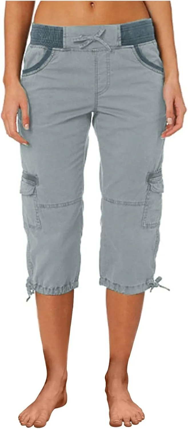 Capri Cargo Pants for Women 2024 Elastic High Waist Drawstring 3/4 Hiking Pants with Multi Pockets Casual Slim Fit Work Pants