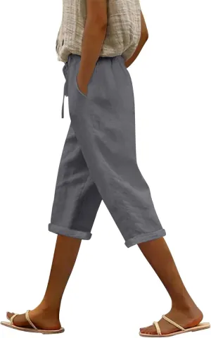 Capri Pants for Women 2025 Knee Length Cotton Linen Capris Summer Straight Leg Loose Beach Shorts with Pockets