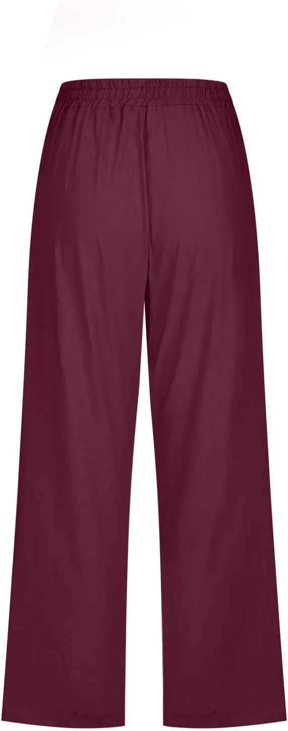 Capri Pants for Women Casual 2024 Summer Drawstring Elastic High Waist Linen Pants Wide Leg Plus Size Lounge Capris