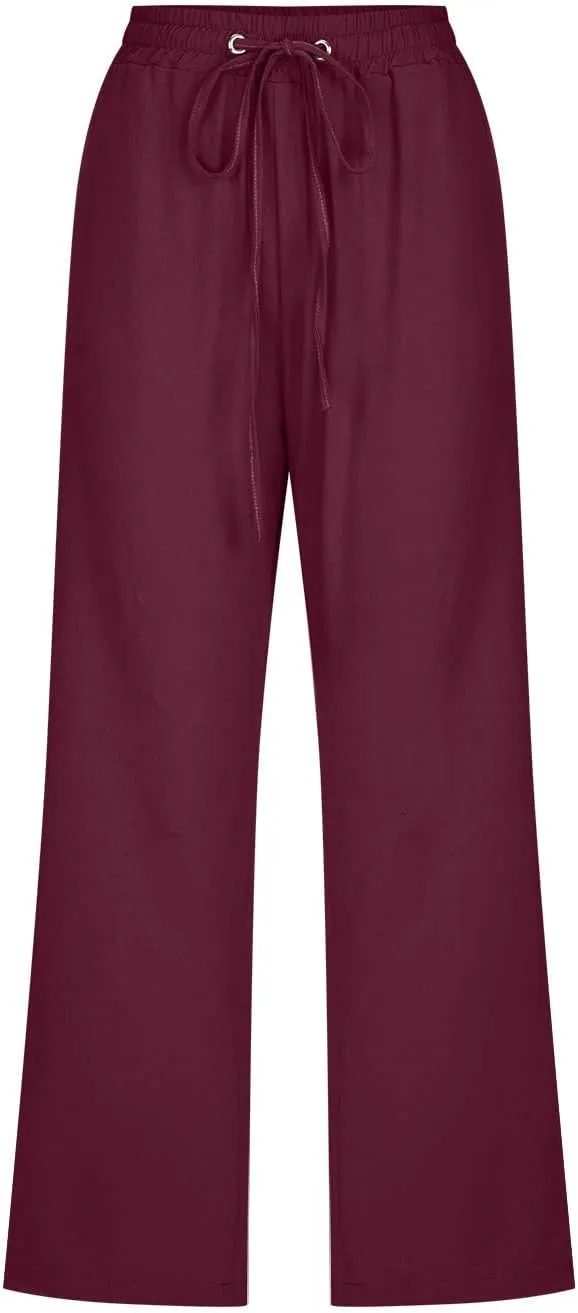 Capri Pants for Women Casual 2024 Summer Drawstring Elastic High Waist Linen Pants Wide Leg Plus Size Lounge Capris