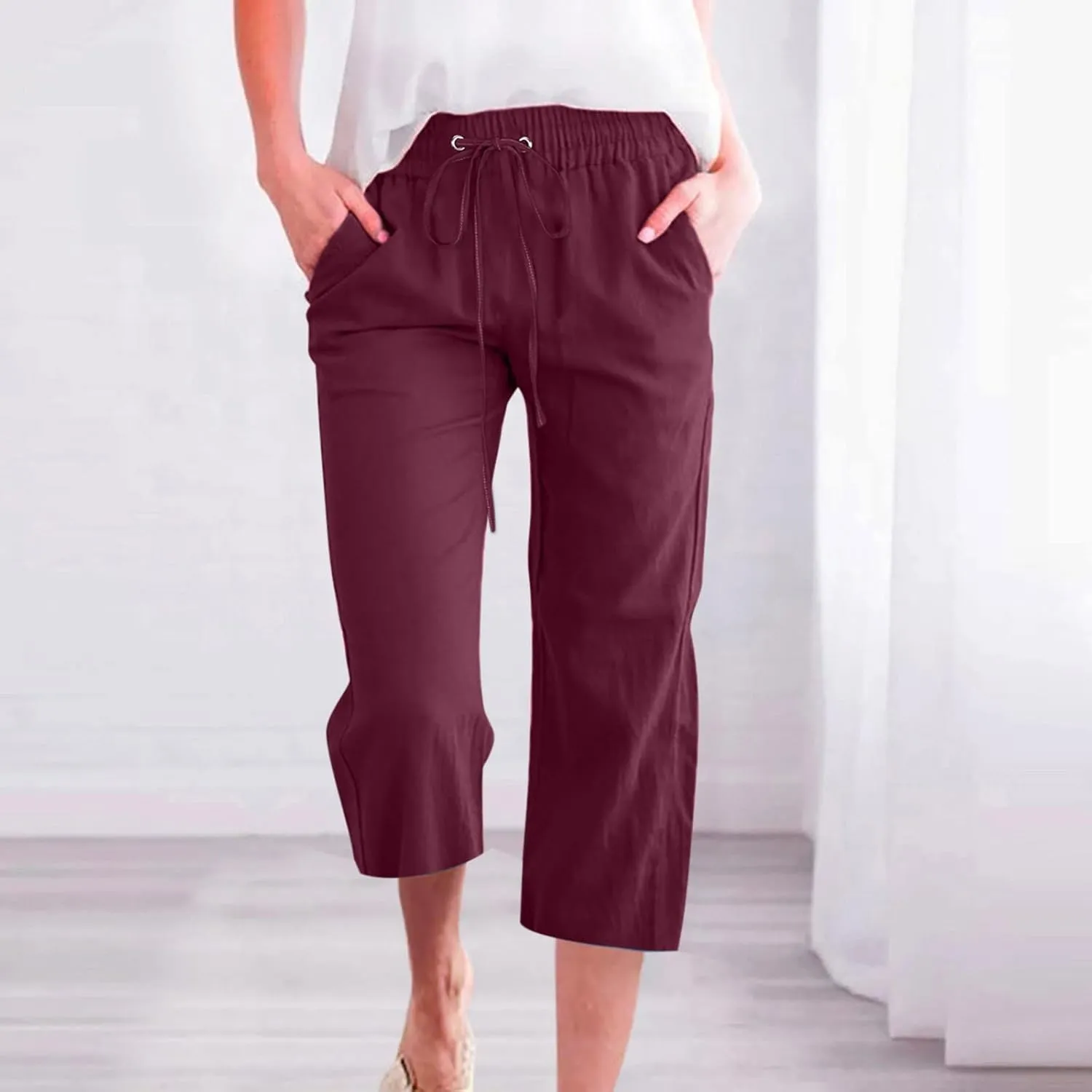 Capri Pants for Women Casual 2024 Summer Drawstring Elastic High Waist Linen Pants Wide Leg Plus Size Lounge Capris
