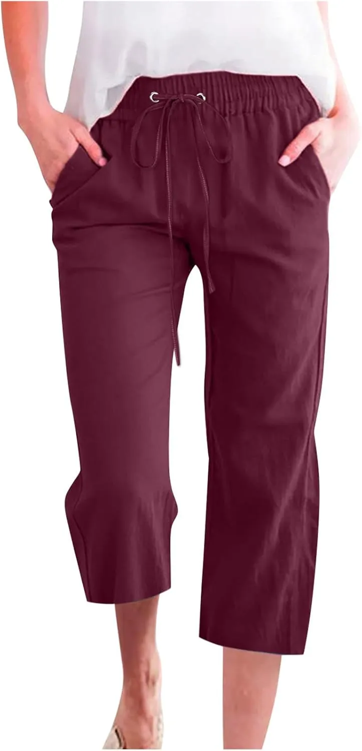 Capri Pants for Women Casual 2024 Summer Drawstring Elastic High Waist Linen Pants Wide Leg Plus Size Lounge Capris