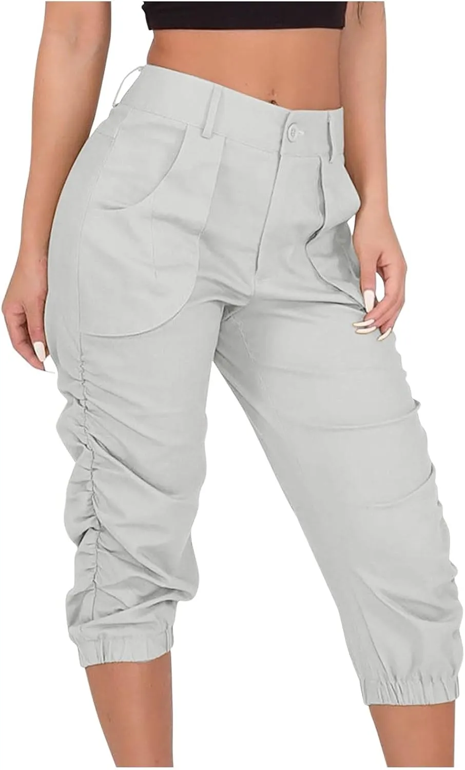 Capri Pants for Women Casual Comfy High Waisted Travel Outdoor Cargo Hiking Harem Pants Ruched Jogger Sweatpants