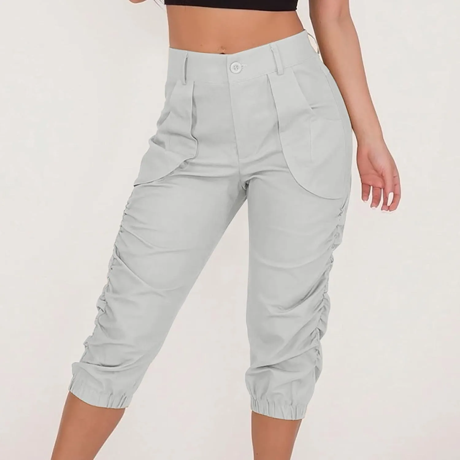 Capri Pants for Women Casual Comfy High Waisted Travel Outdoor Cargo Hiking Harem Pants Ruched Jogger Sweatpants