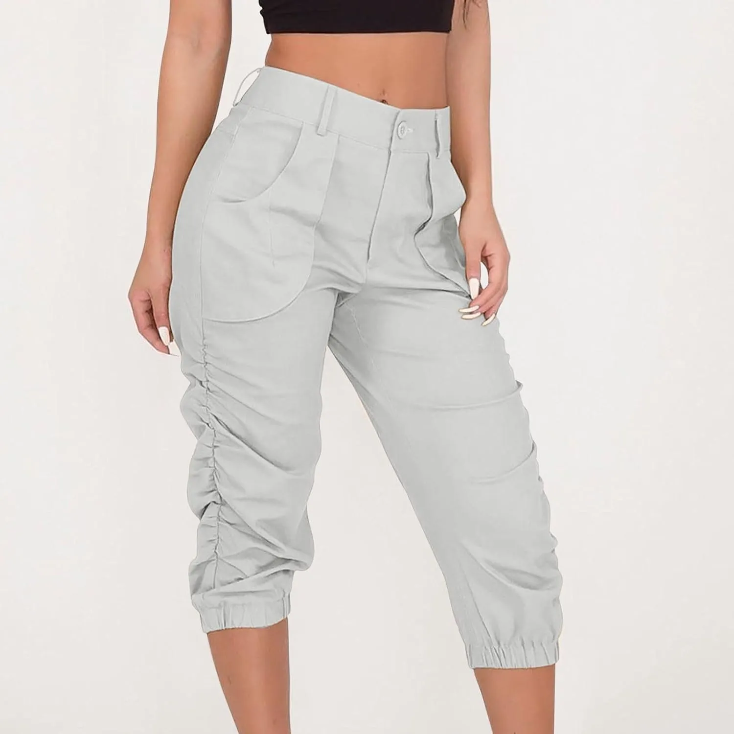 Capri Pants for Women Casual Comfy High Waisted Travel Outdoor Cargo Hiking Harem Pants Ruched Jogger Sweatpants