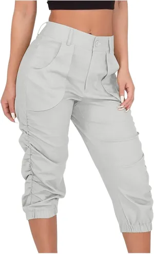 Capri Pants for Women Casual Comfy High Waisted Travel Outdoor Cargo Hiking Harem Pants Ruched Jogger Sweatpants