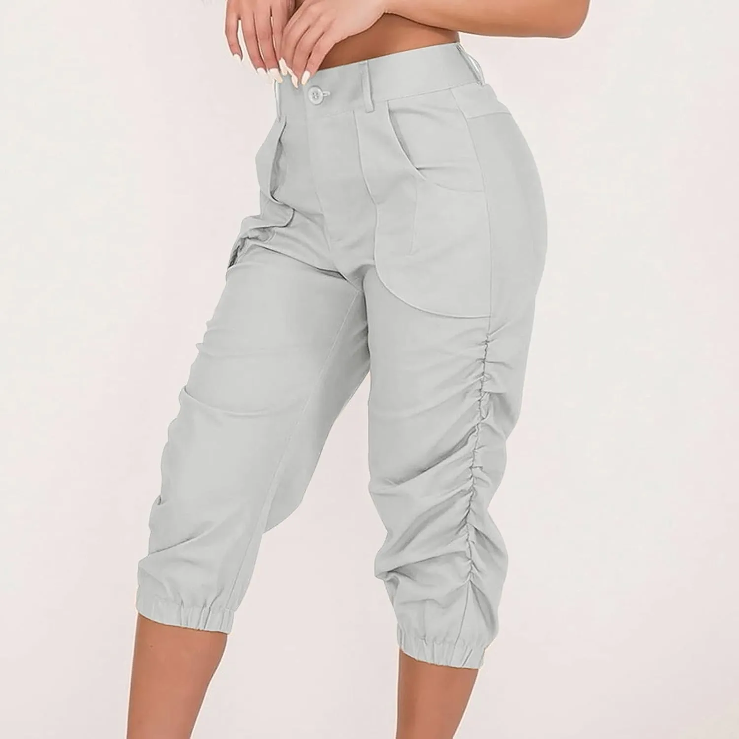 Capri Pants for Women Casual Comfy High Waisted Travel Outdoor Cargo Hiking Harem Pants Ruched Jogger Sweatpants