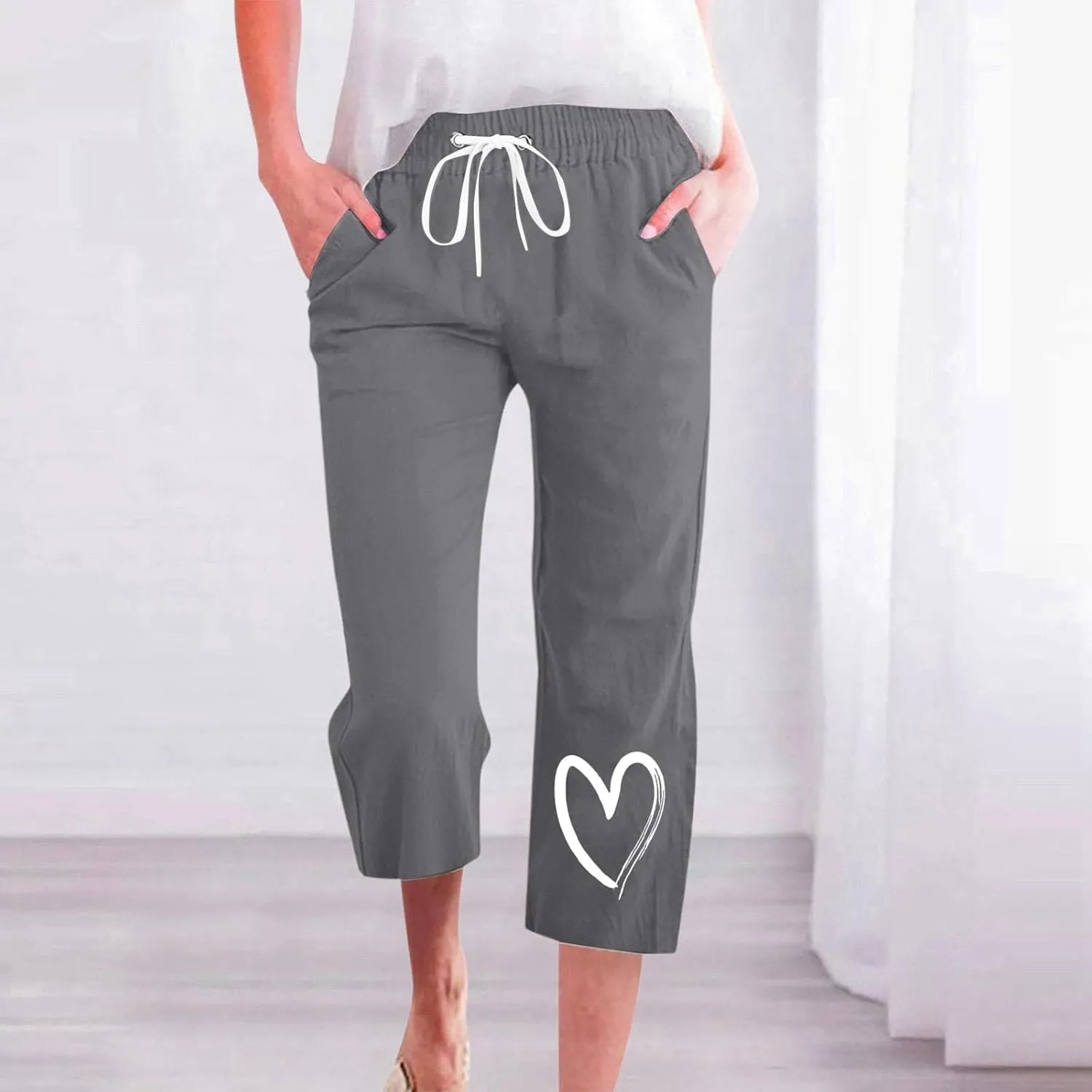 Capri Pants for Women Casual Summer Linen Heart Print Capris Drawstring Elastic Waist Cropped Trouser with Pockets