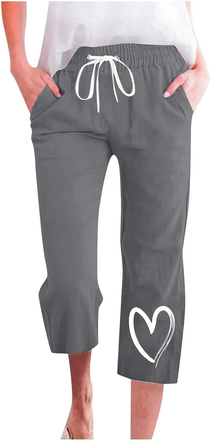 Capri Pants for Women Casual Summer Linen Heart Print Capris Drawstring Elastic Waist Cropped Trouser with Pockets