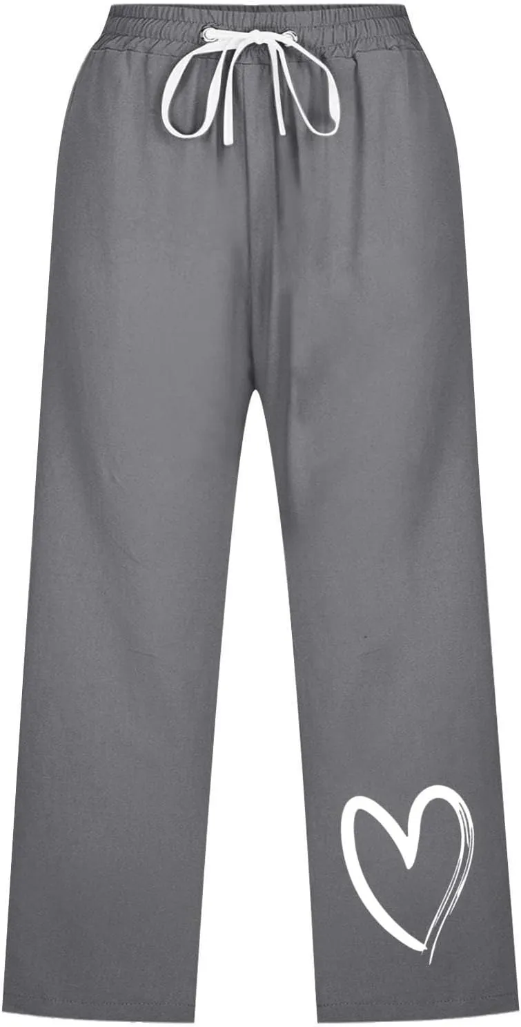 Capri Pants for Women Casual Summer Linen Heart Print Capris Drawstring Elastic Waist Cropped Trouser with Pockets