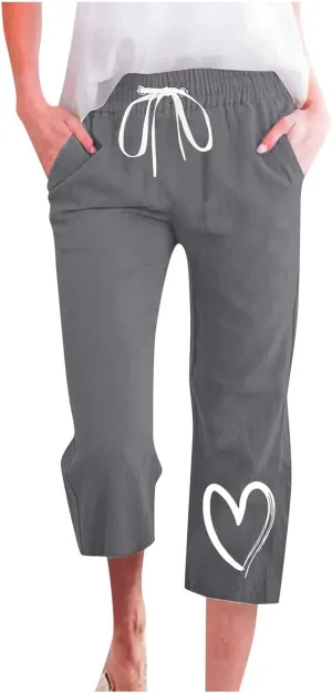Capri Pants for Women Casual Summer Linen Heart Print Capris Drawstring Elastic Waist Cropped Trouser with Pockets