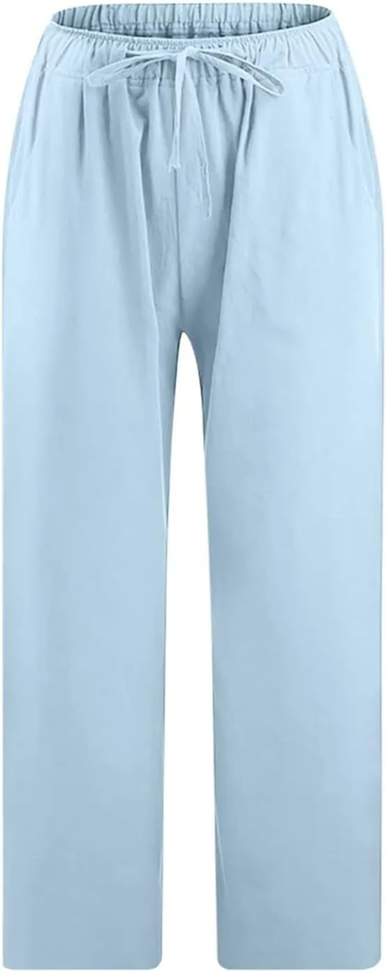 Capri Pants for Women Summer Cotton Linen Capris Drawstring Elastic High Waist Pants Wide Leg Cropped Trouser