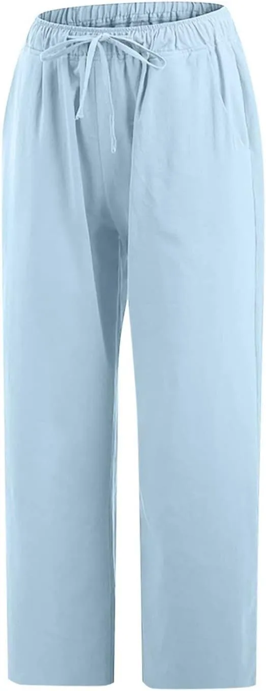 Capri Pants for Women Summer Cotton Linen Capris Drawstring Elastic High Waist Pants Wide Leg Cropped Trouser