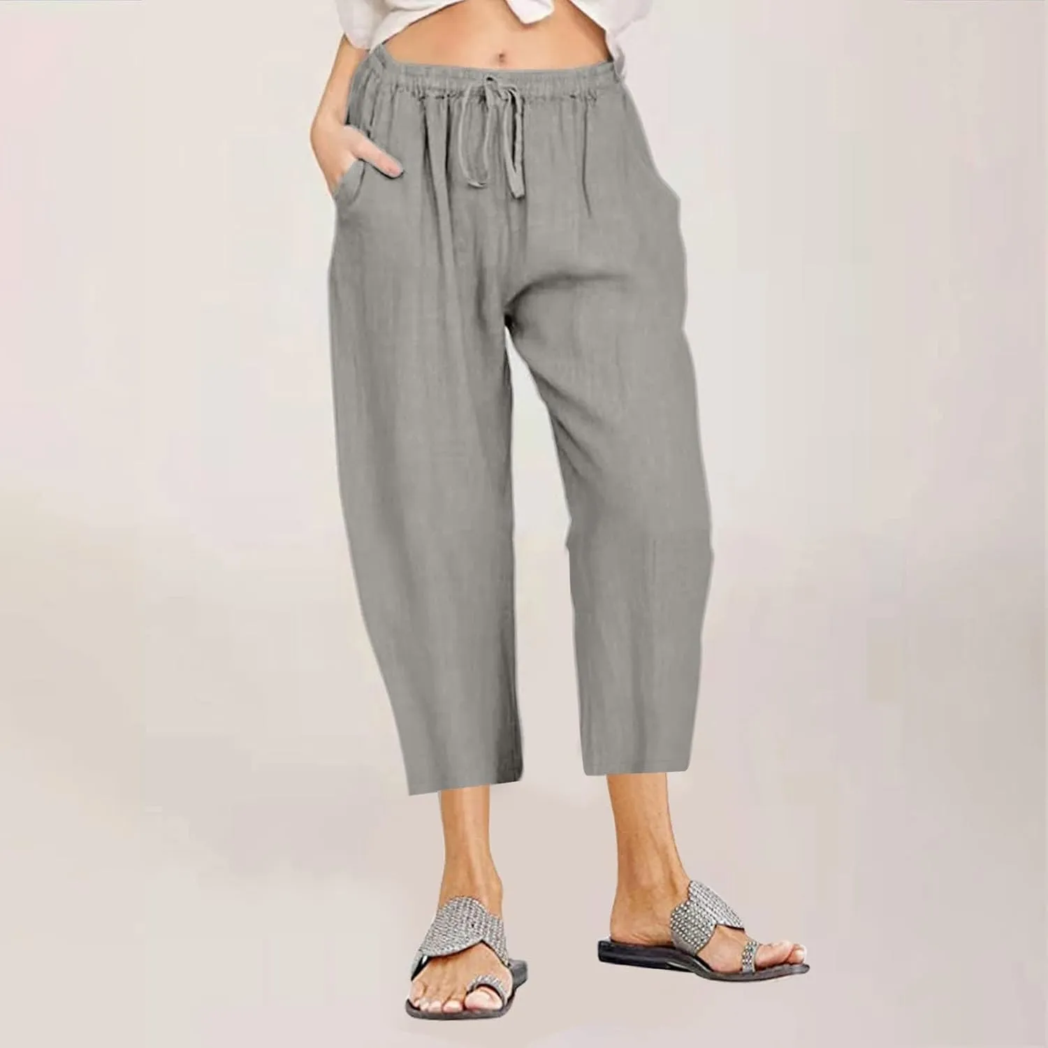 Capri Pants for Women Summer Cotton Linen Capris Drawstring Elastic High Waist Pants Wide Leg Cropped Trouser