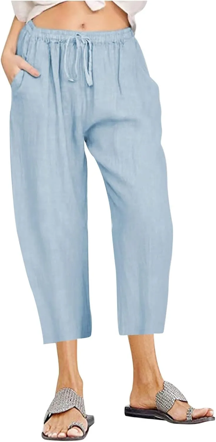 Capri Pants for Women Summer Cotton Linen Capris Drawstring Elastic High Waist Pants Wide Leg Cropped Trouser