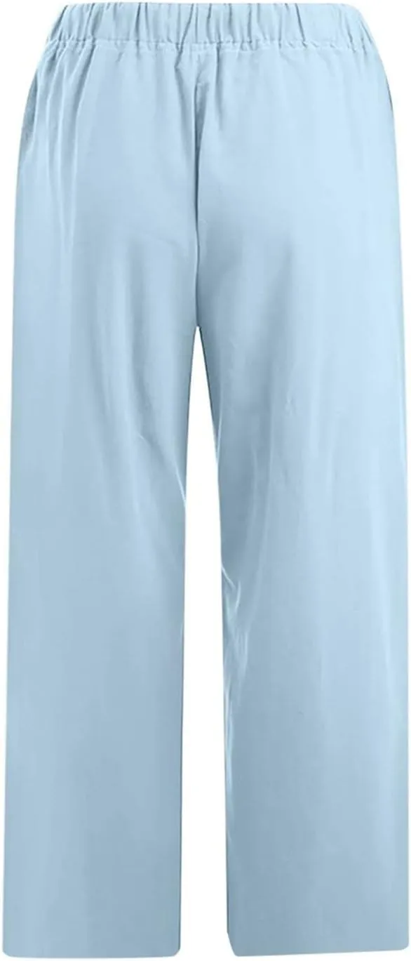 Capri Pants for Women Summer Cotton Linen Capris Drawstring Elastic High Waist Pants Wide Leg Cropped Trouser