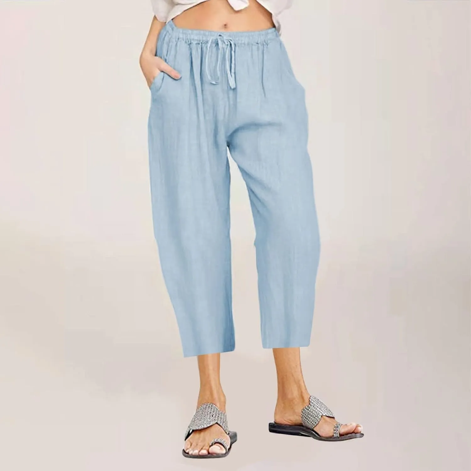 Capri Pants for Women Summer Cotton Linen Capris Drawstring Elastic High Waist Pants Wide Leg Cropped Trouser