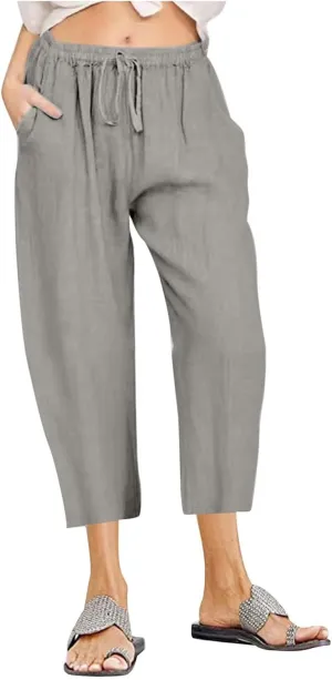 Capri Pants for Women Summer Cotton Linen Capris Drawstring Elastic High Waist Pants Wide Leg Cropped Trouser
