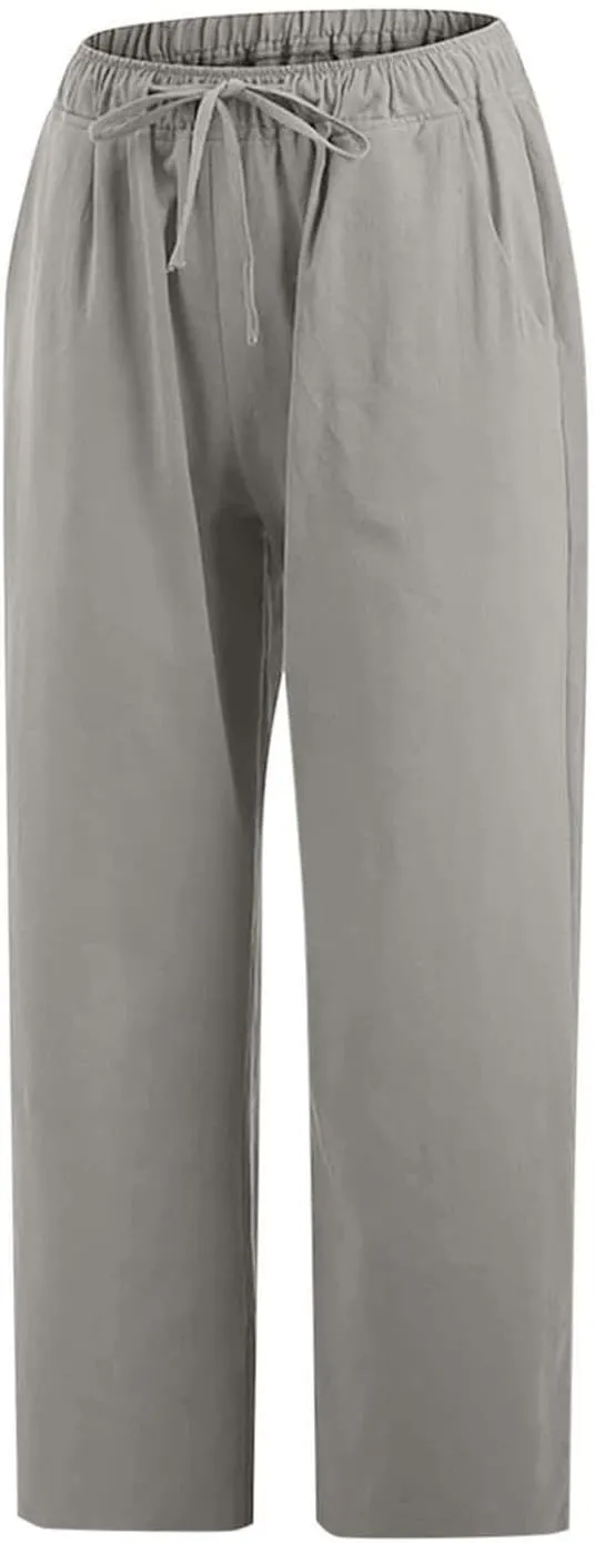 Capri Pants for Women Summer Cotton Linen Capris Drawstring Elastic High Waist Pants Wide Leg Cropped Trouser
