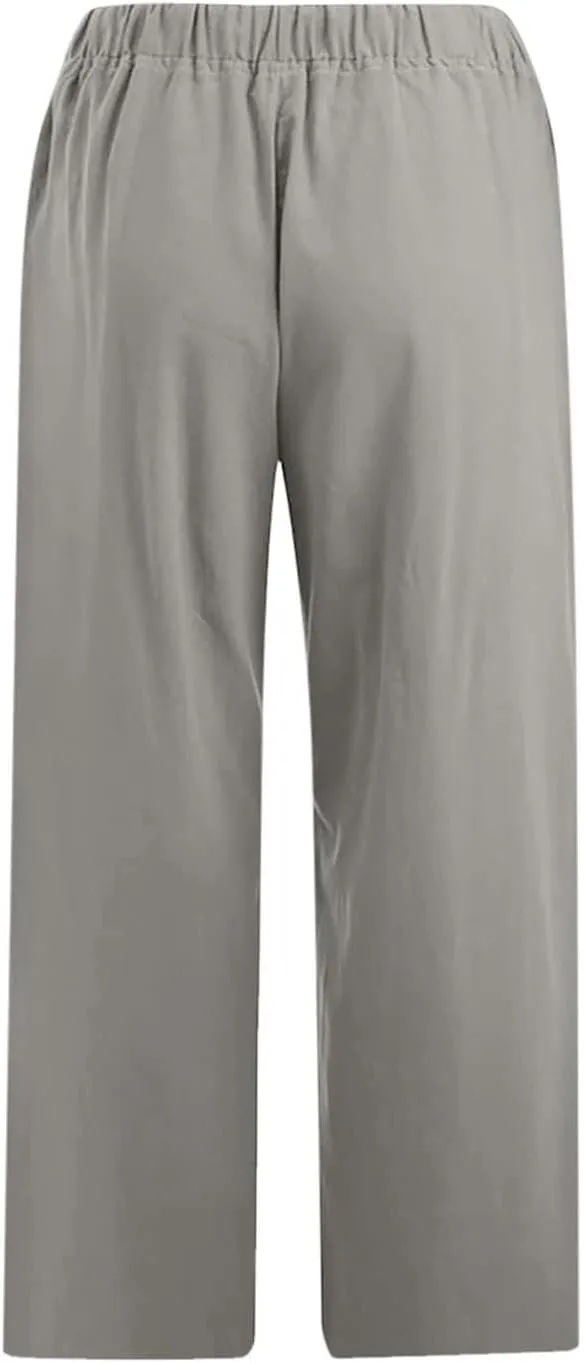 Capri Pants for Women Summer Cotton Linen Capris Drawstring Elastic High Waist Pants Wide Leg Cropped Trouser