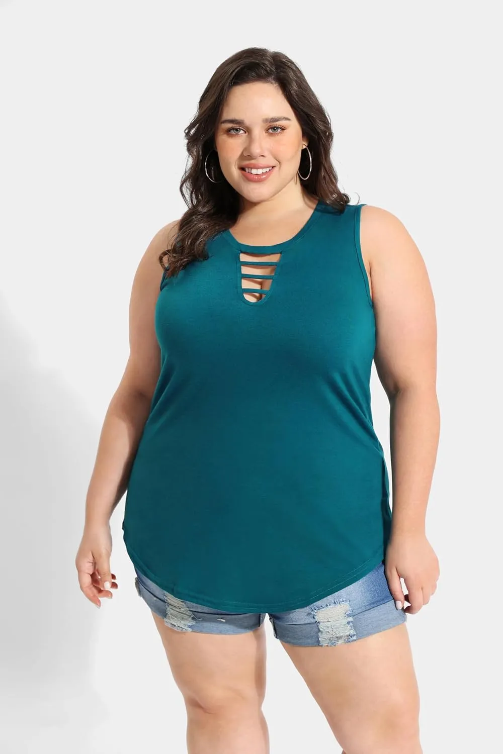 CARCOS Plus Size Tank Tops for Women Summer Pullover Color Block Sleeveless T Shirt Neck Basic Shirt XL-5XL