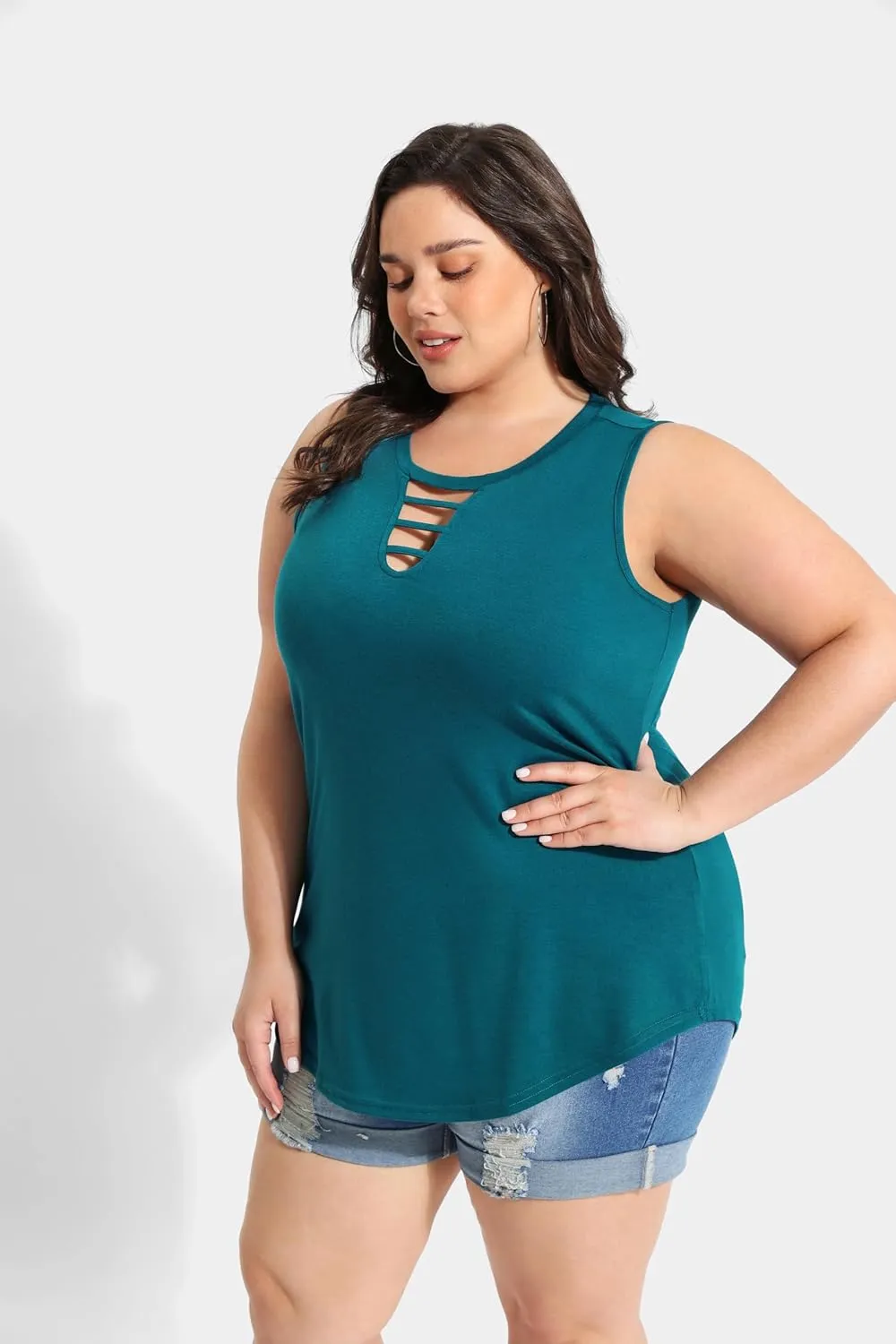 CARCOS Plus Size Tank Tops for Women Summer Pullover Color Block Sleeveless T Shirt Neck Basic Shirt XL-5XL