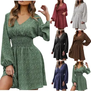 Casual Dresses for Women Long Sleeve Dress for Women V Neck Tie Waist Ruffle Patterned Boho A-Line Mini Dresses