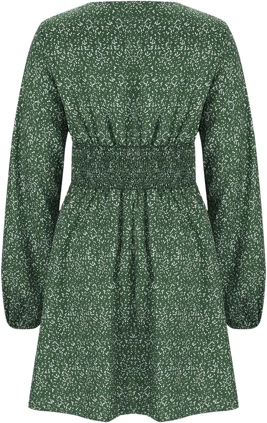 Casual Dresses for Women Long Sleeve Dress for Women V Neck Tie Waist Ruffle Patterned Boho A-Line Mini Dresses