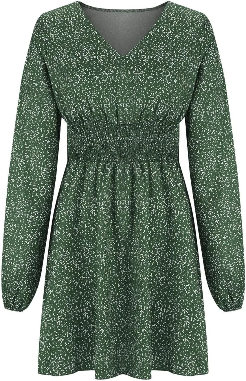 Casual Dresses for Women Long Sleeve Dress for Women V Neck Tie Waist Ruffle Patterned Boho A-Line Mini Dresses
