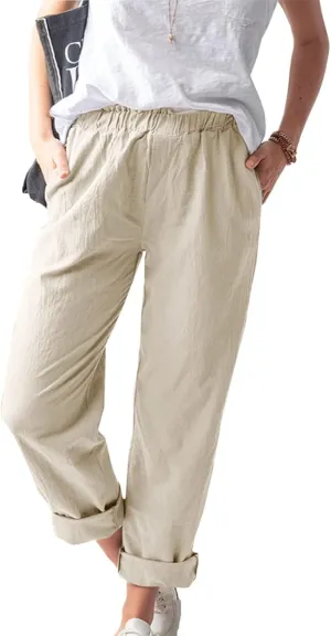 Casual Pants for Women Solid Color Elastic High Wasited Comfy Trousers with Pockets Cotton Linen Drawstring Pants