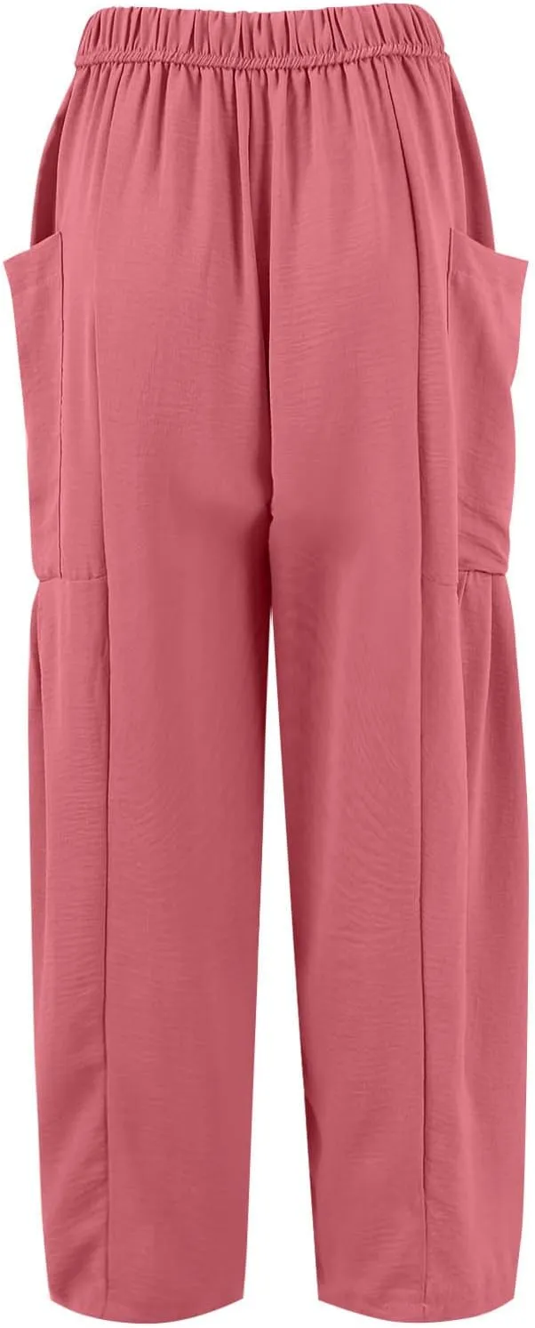Casual Pants for Women Summer Wide Leg High Waisted Casual Boho Pants Trendy Beach Palazzo Harem Clothes with Pockets