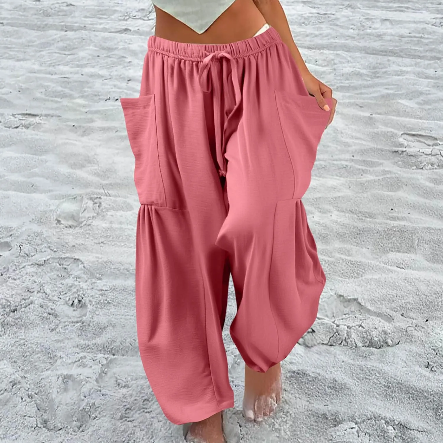 Casual Pants for Women Summer Wide Leg High Waisted Casual Boho Pants Trendy Beach Palazzo Harem Clothes with Pockets