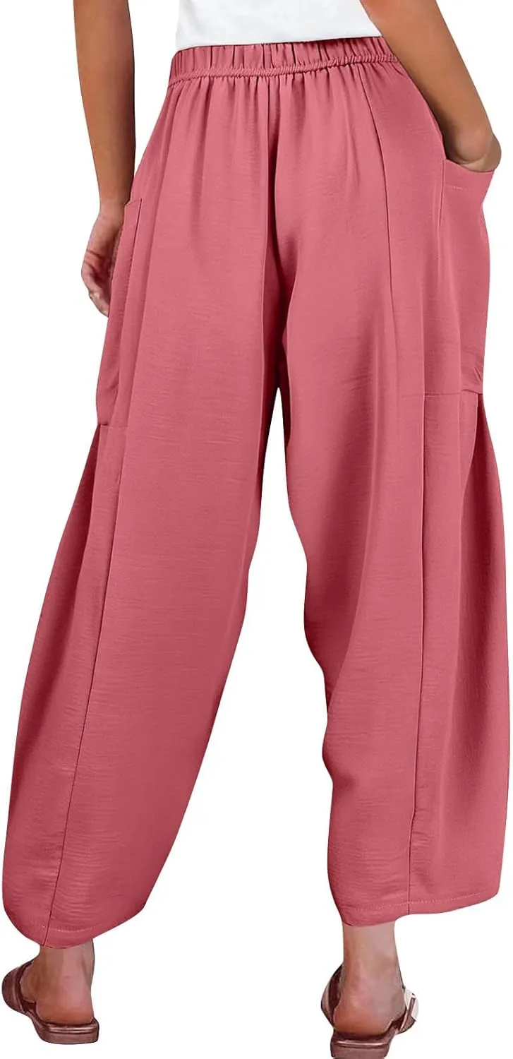 Casual Pants for Women Summer Wide Leg High Waisted Casual Boho Pants Trendy Beach Palazzo Harem Clothes with Pockets