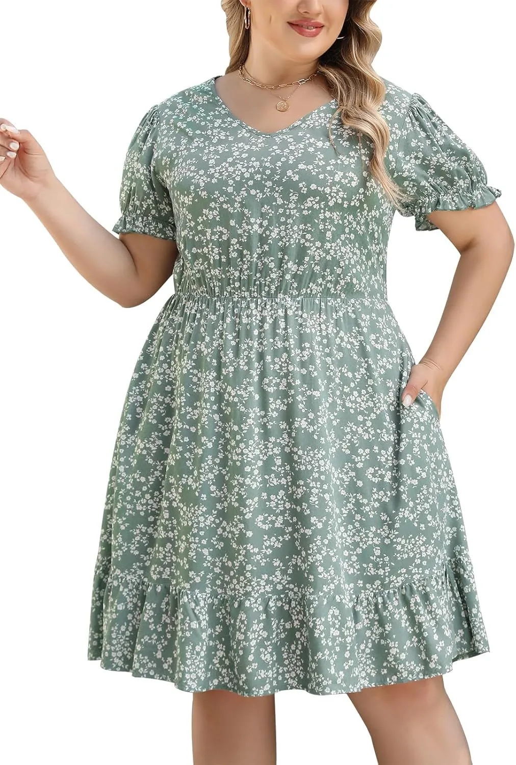 Celkuser Plus Size Casual Mini Dresses Printed Floral Swing Short Sleeve V Neck with Pockets