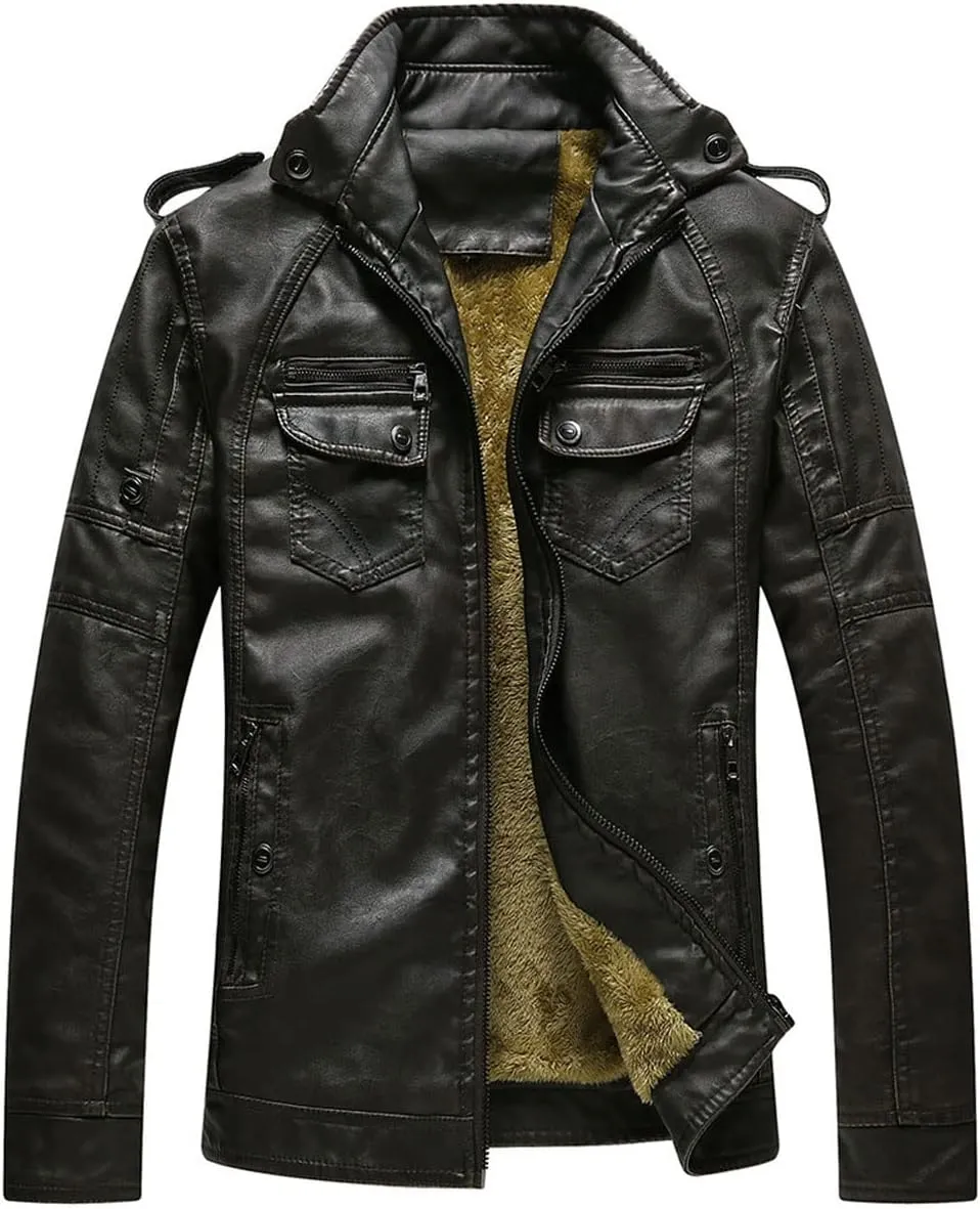CHARTOU Men Retro PU Faux Leather Bomber Jacket Stand Collar Fleece Lined Motorcycle Jacket Zip Up