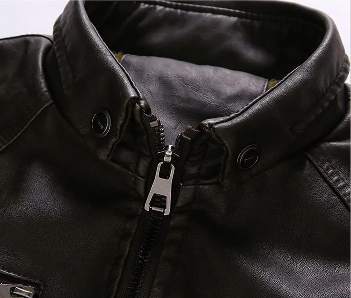 CHARTOU Men Retro PU Faux Leather Bomber Jacket Stand Collar Fleece Lined Motorcycle Jacket Zip Up