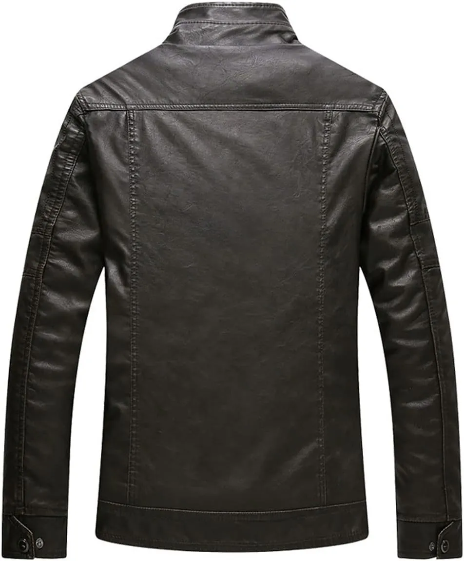 CHARTOU Men Retro PU Faux Leather Bomber Jacket Stand Collar Fleece Lined Motorcycle Jacket Zip Up